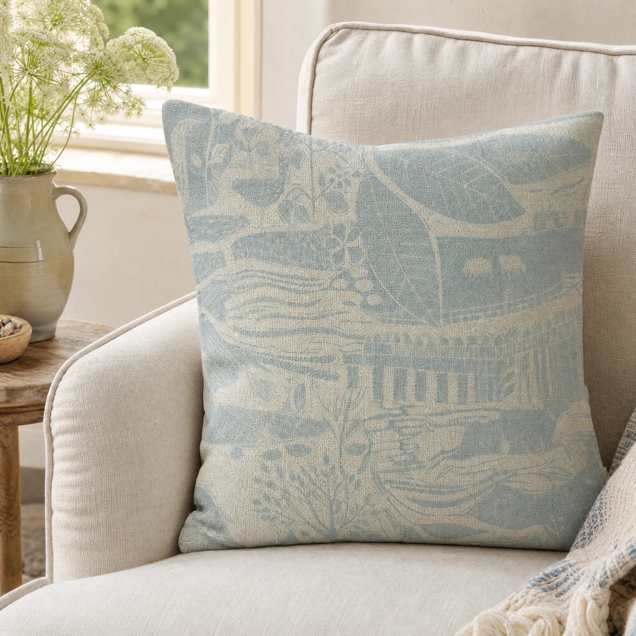 Sam Wilson Through The Fields Duck Egg Blue on Natural Square Cushion