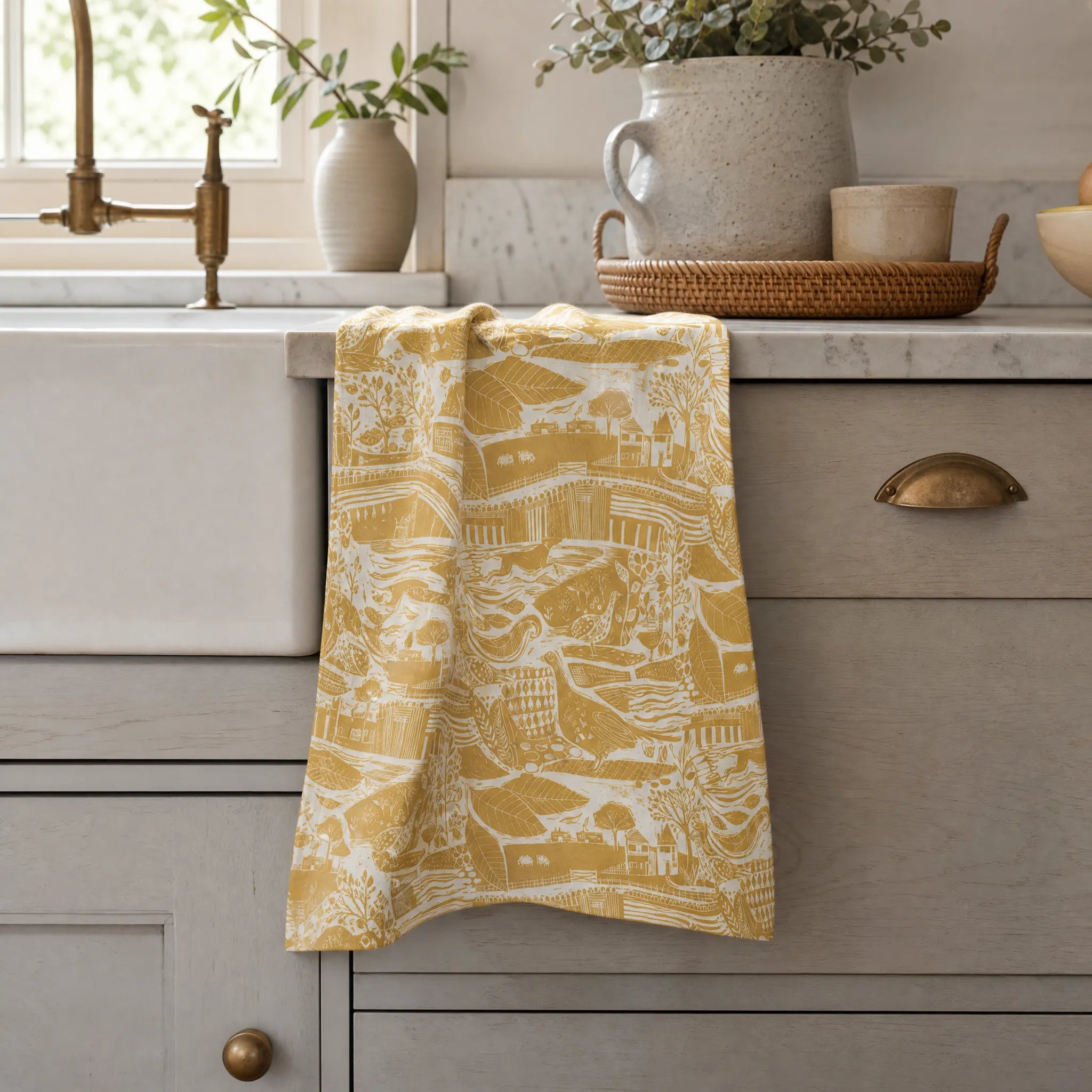 Sam Wilson Through The Fields Ochre Tea Towel