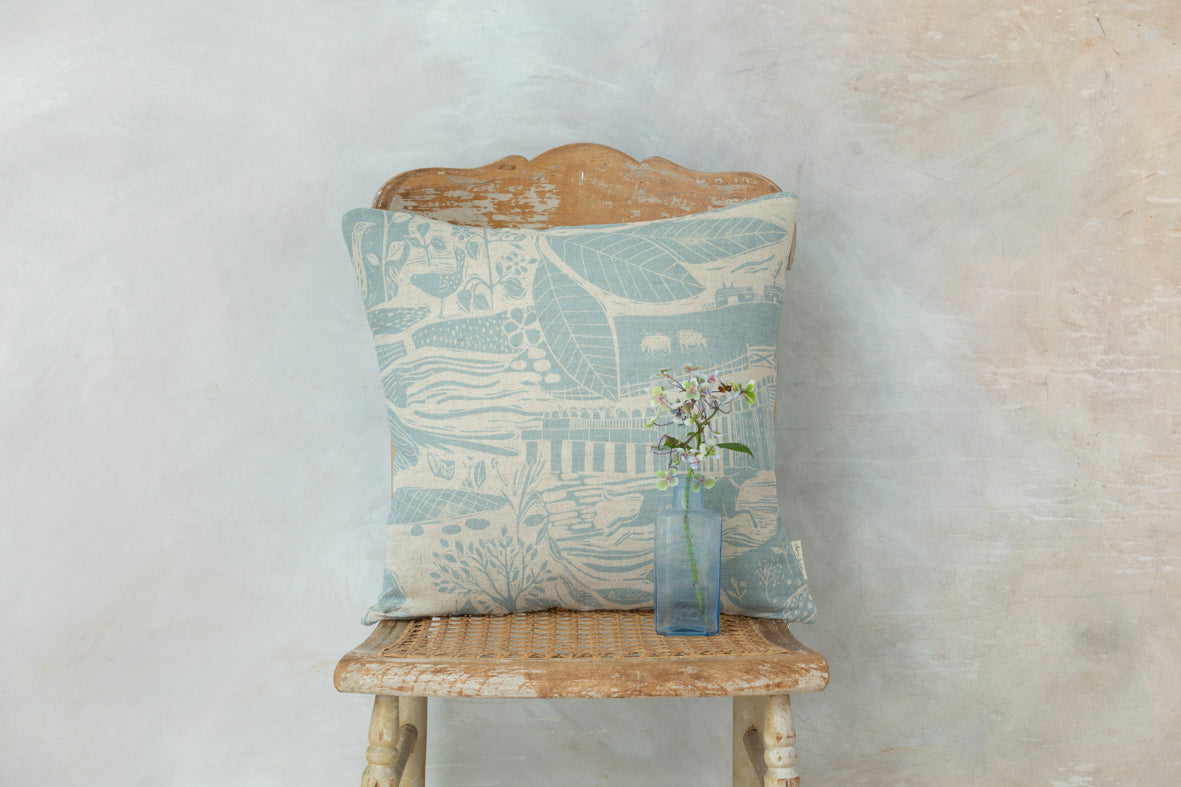 Sam Wilson Through The Fields Duck Egg Blue on Natural Square Cushion