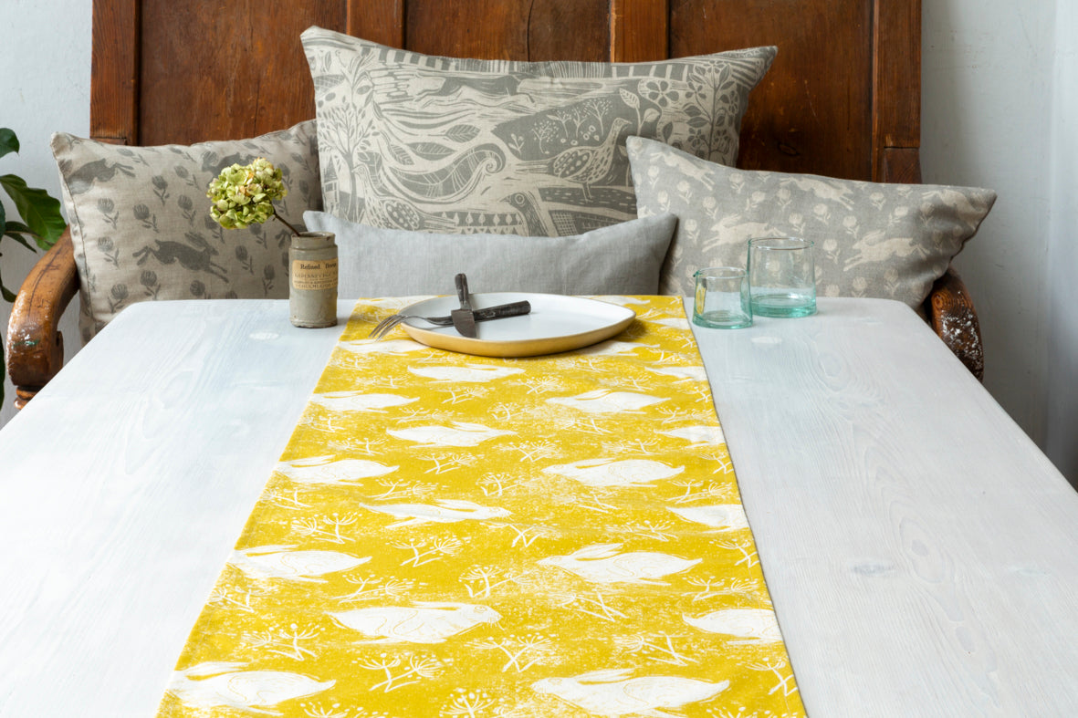 Sam Wilson Headlong Hare Yellow Ochre Table Runner