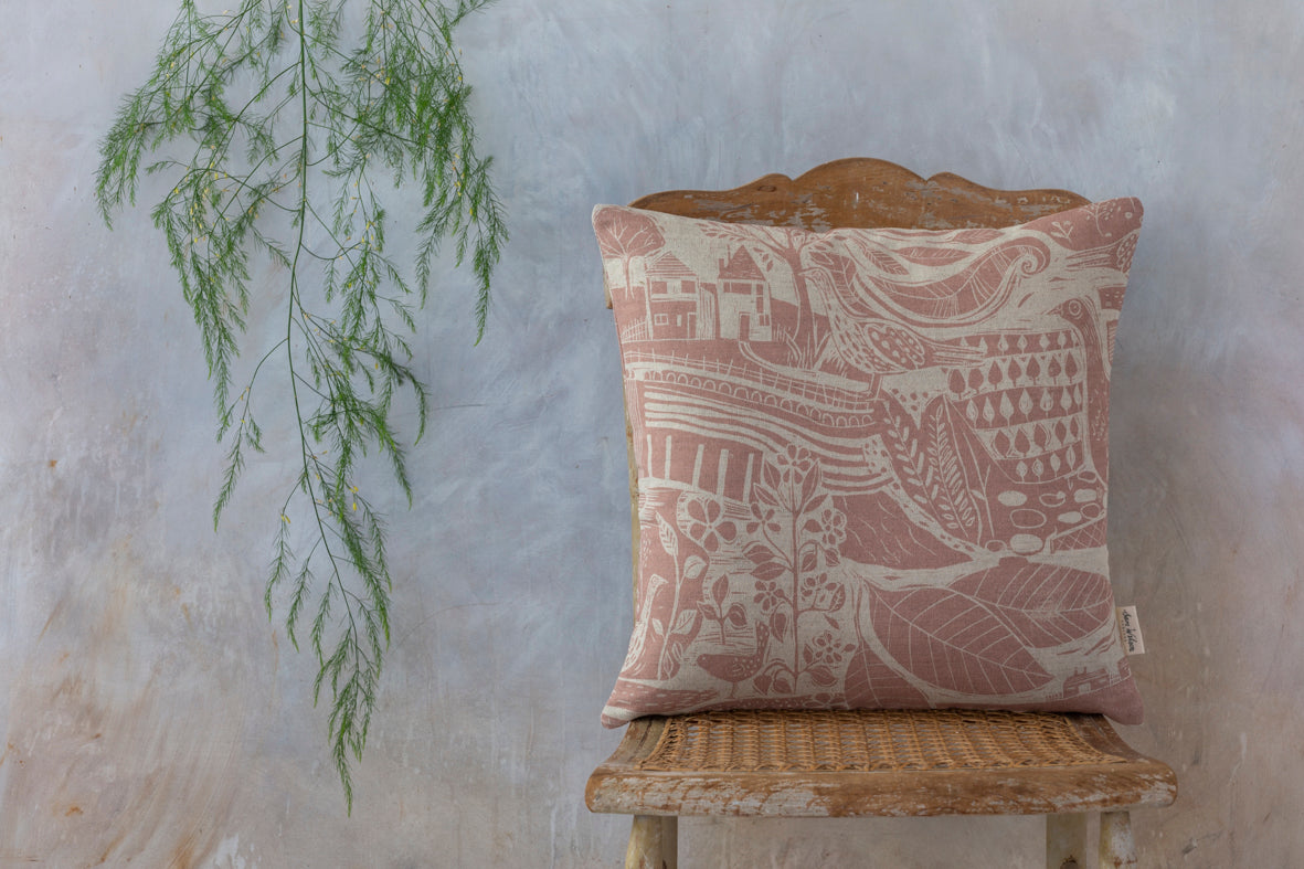 Sam Wilson Through The Fields Square Linen Cushion - pink