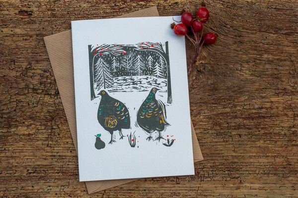 Sam Wilson Linocut Partridges Christmas Card