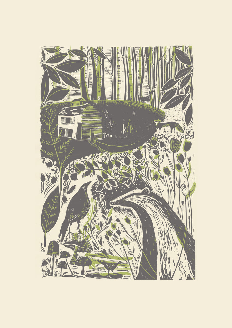 Sam Wilson The Badger and the Crow print from linocut