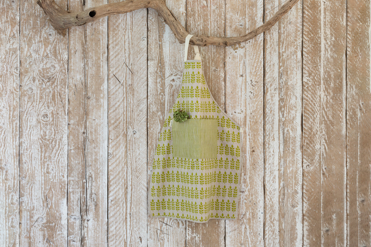 Sam Wilson Green Leaf Apron with Striped Pocket