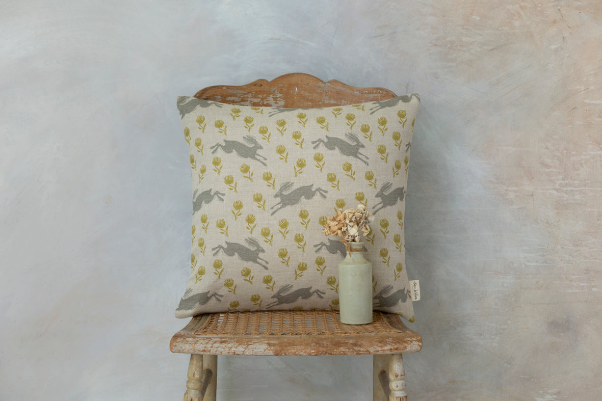 Sam Wilson Running Hare Grey/Green Clover Linen Cushion