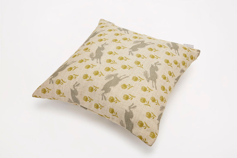 Sam Wilson Running Hare Grey/Green Clover Linen Cushion