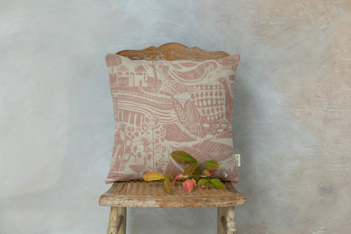 Sam Wilson Through The Fields Square Linen Cushion - pink