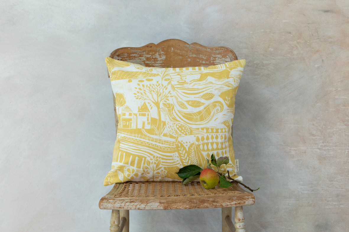 Sam Wilson Through The Fields Ochre Square Linen Cushion