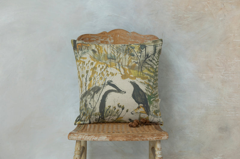 Sam Wilson Badger and Crow Square Linen Cushion