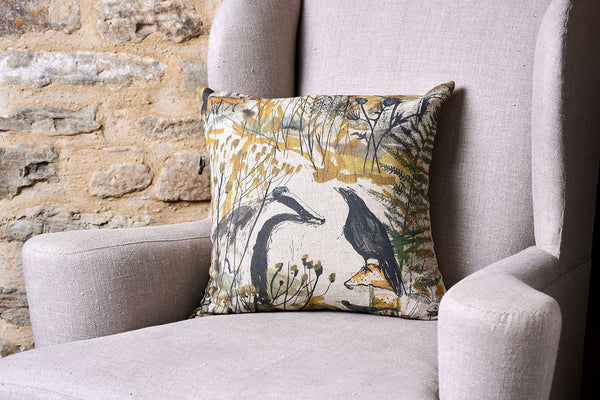 Sam Wilson Badger and Crow Square Linen Cushion