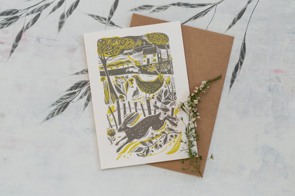 Sam Wilson Running Hare In The Countryside Greetings Card
