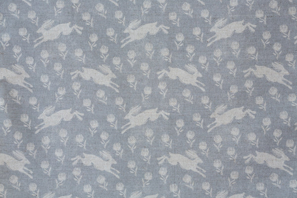 Sam Wilson Running Hare White on Grey Linen Fabric
