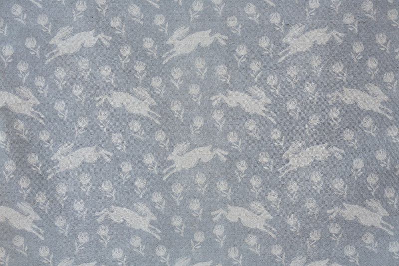 Sam Wilson Running Hare White on Grey Linen Fabric
