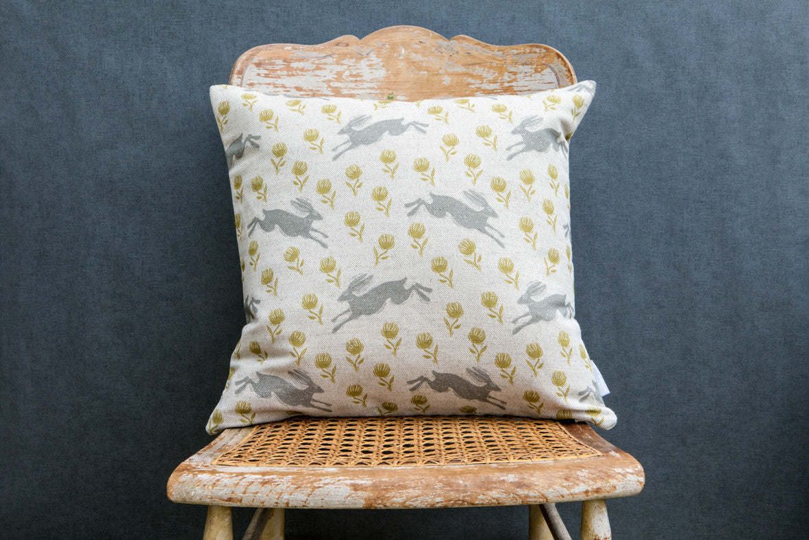 Sam Wilson Running Hare Grey/Green Clover Linen Cushion