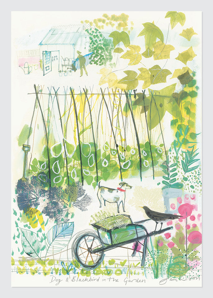 Sam Wilson Dog & Blackbird In The Garden Print - Unframed