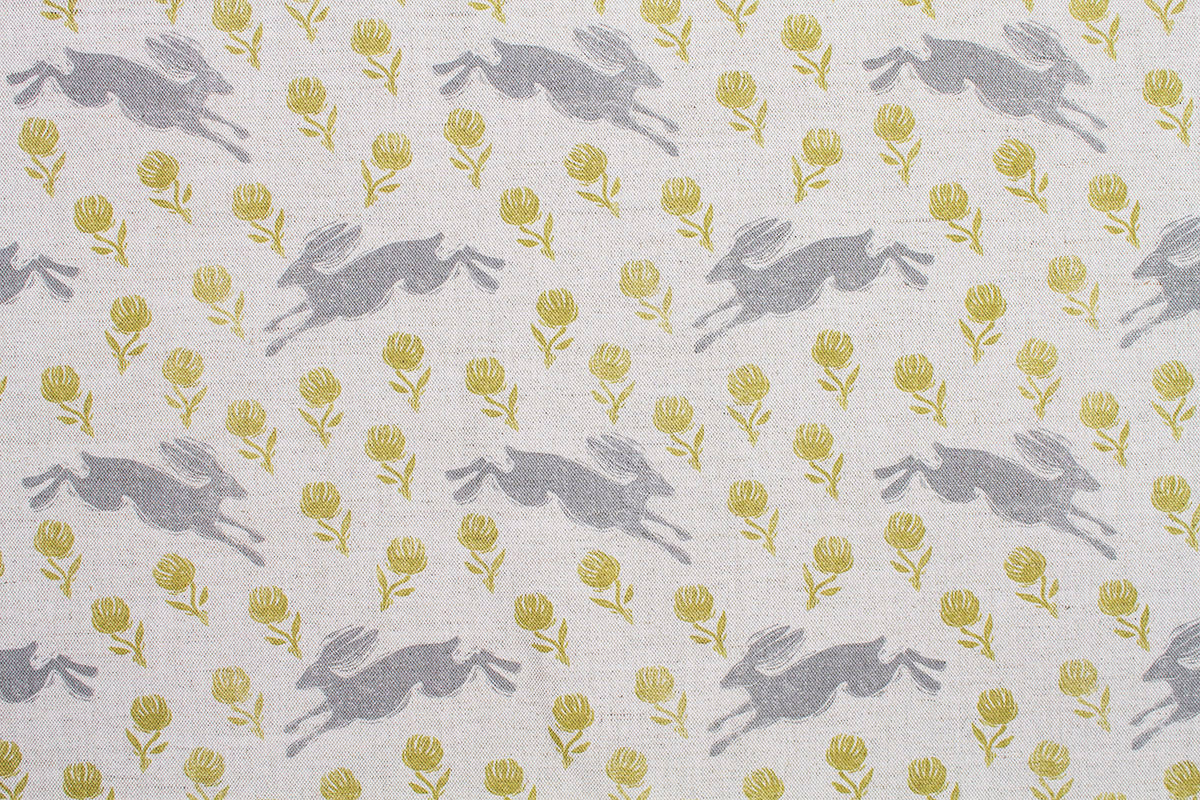 Sam Wilson Running Hare Green Clover Linen Fabric