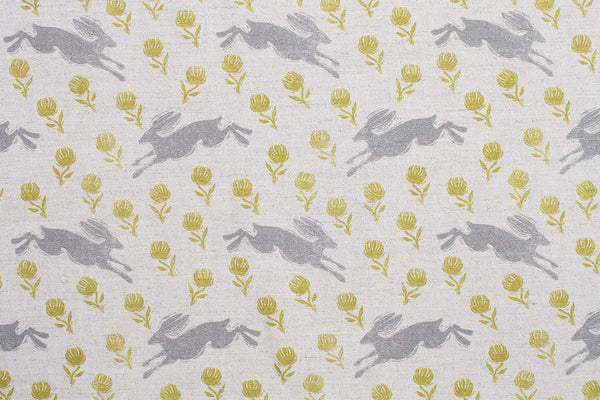 Sam Wilson Running Hare Green Clover Linen Fabric