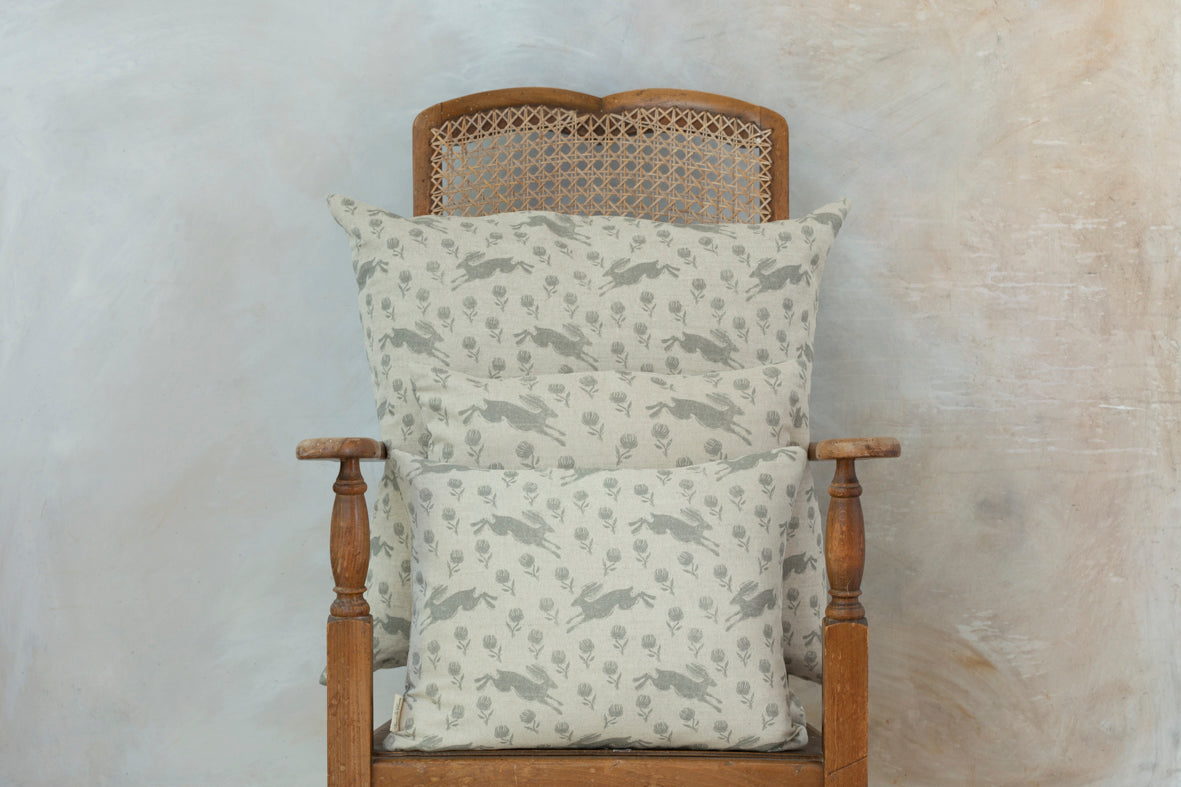 Sam Wilson Running Hare Grey On White Linen Cushion