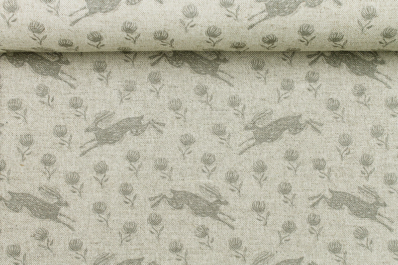 Sam Wilson Running Hare Grey On White Linen Fabric