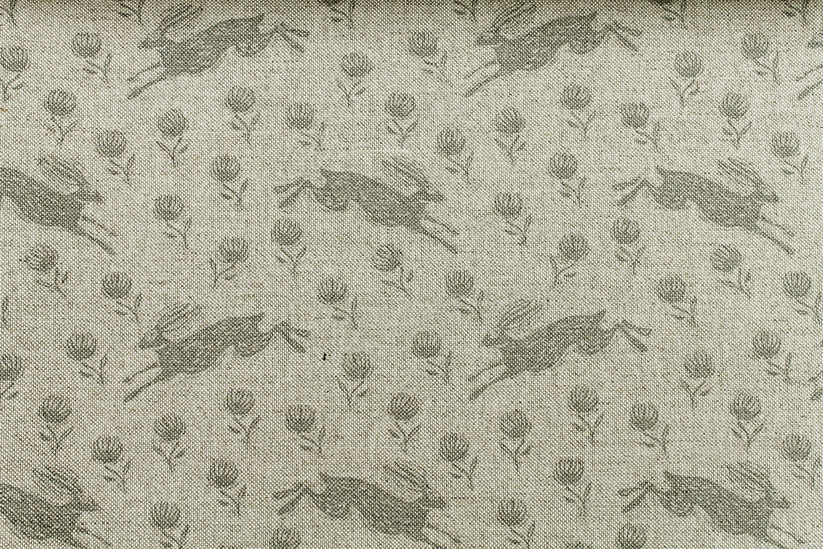 Sam Wilson Running Hare Grey On Natural Linen Fabric